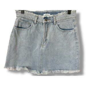 Superdown Light Wash Denim Mini Skirt fray Hems distressed blue jean revolve
